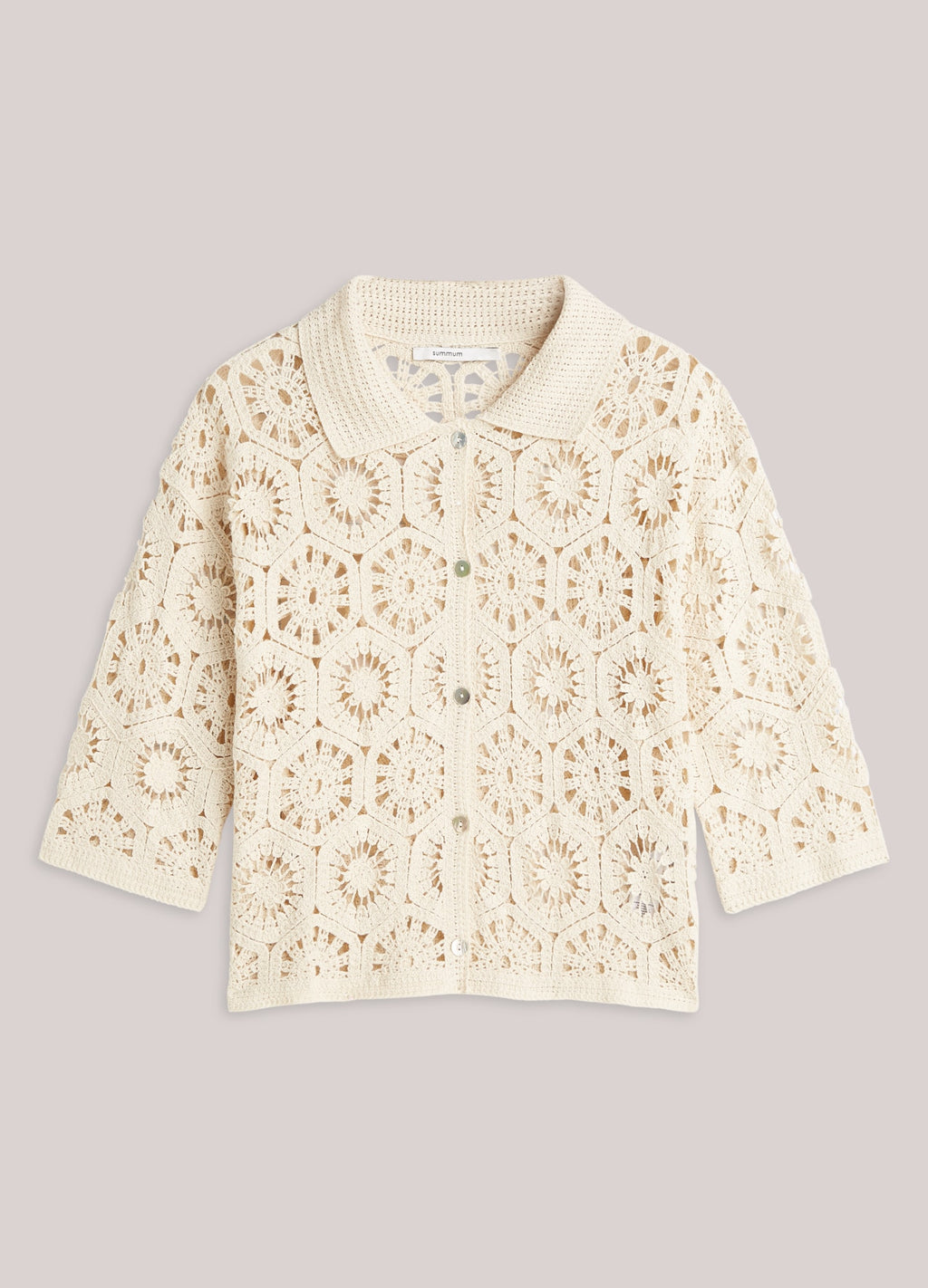Summum Woman Short Sleeve Cardigan Crochet Knit in Pebble Beige
