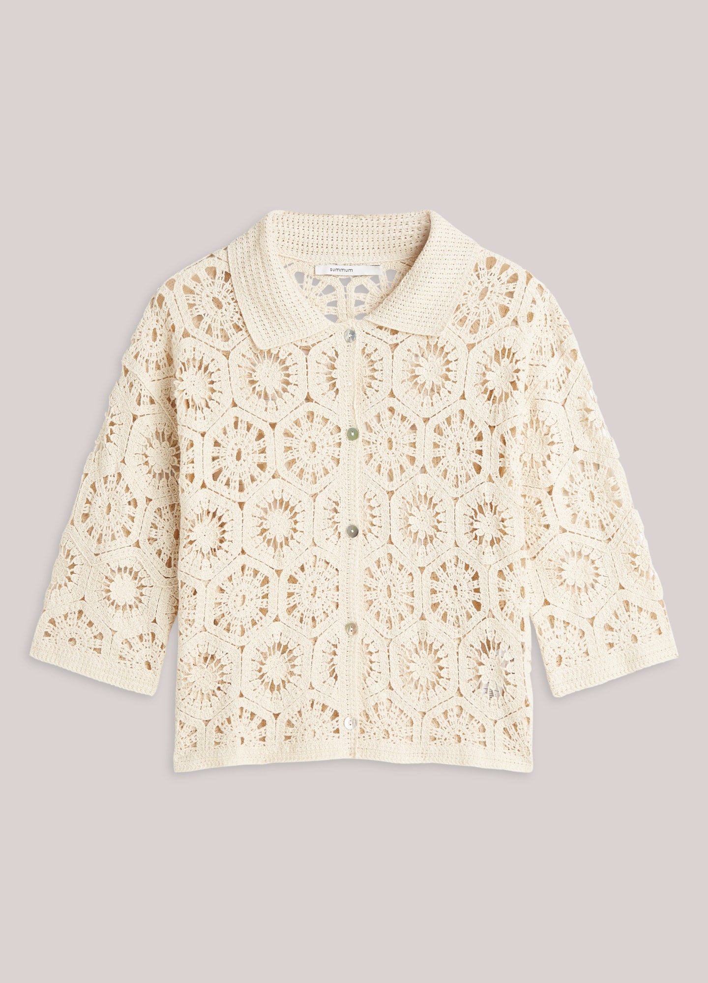 Summum Woman Short Sleeve Cardigan Crochet Knit in Pebble Beige