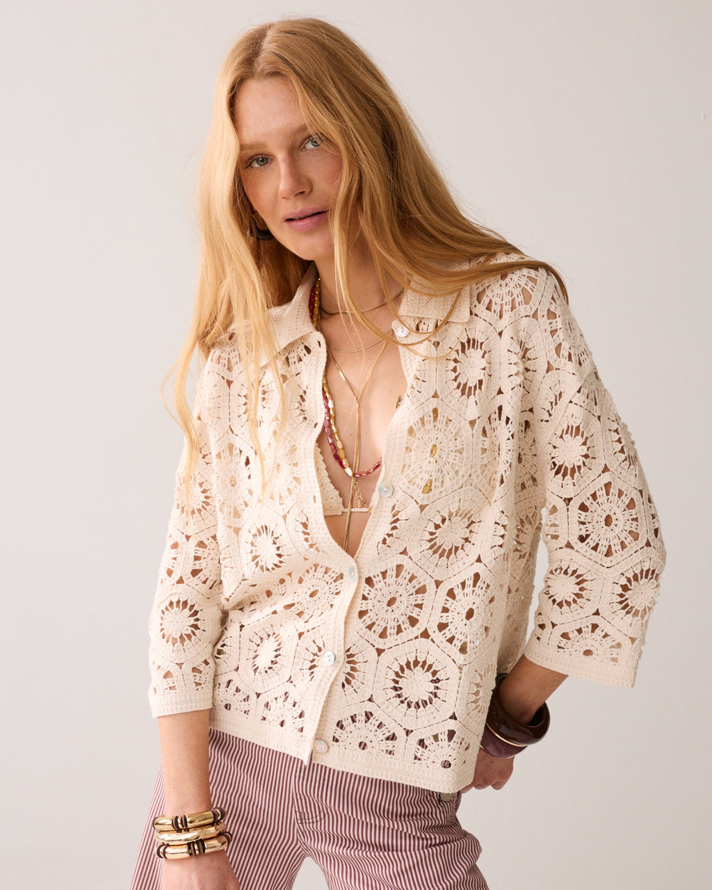 Summum Woman Short Sleeve Cardigan Crochet Knit in Pebble Beige