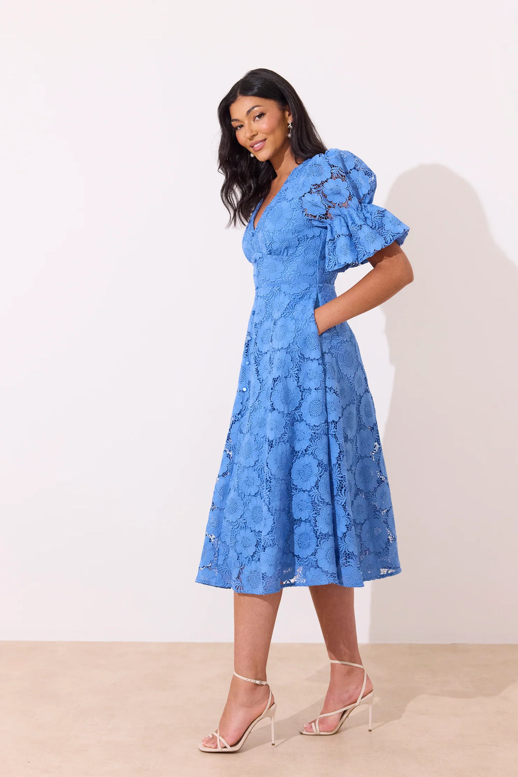 The 8th Sign Callie Crochet Lace Midi Dress in Cornflower Blue