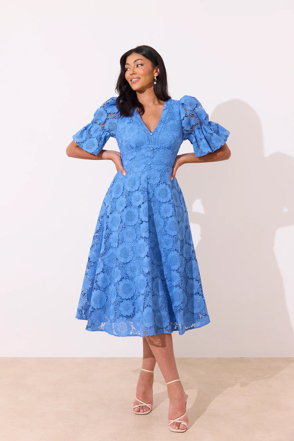 The 8th Sign Callie Crochet Lace Midi Dress in Cornflower Blue