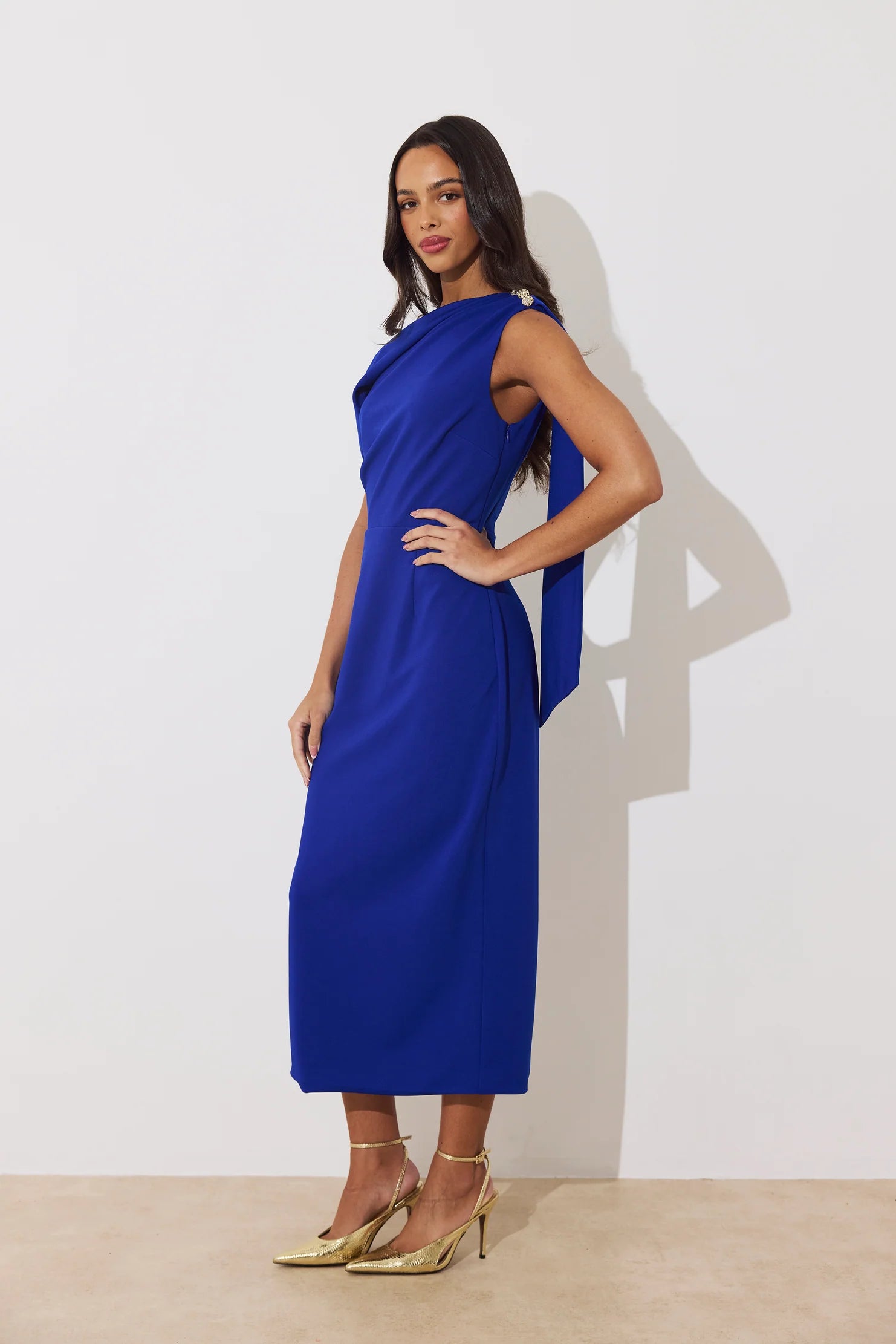 The 8th Sign Eleni Drape Dress in Royal Blue