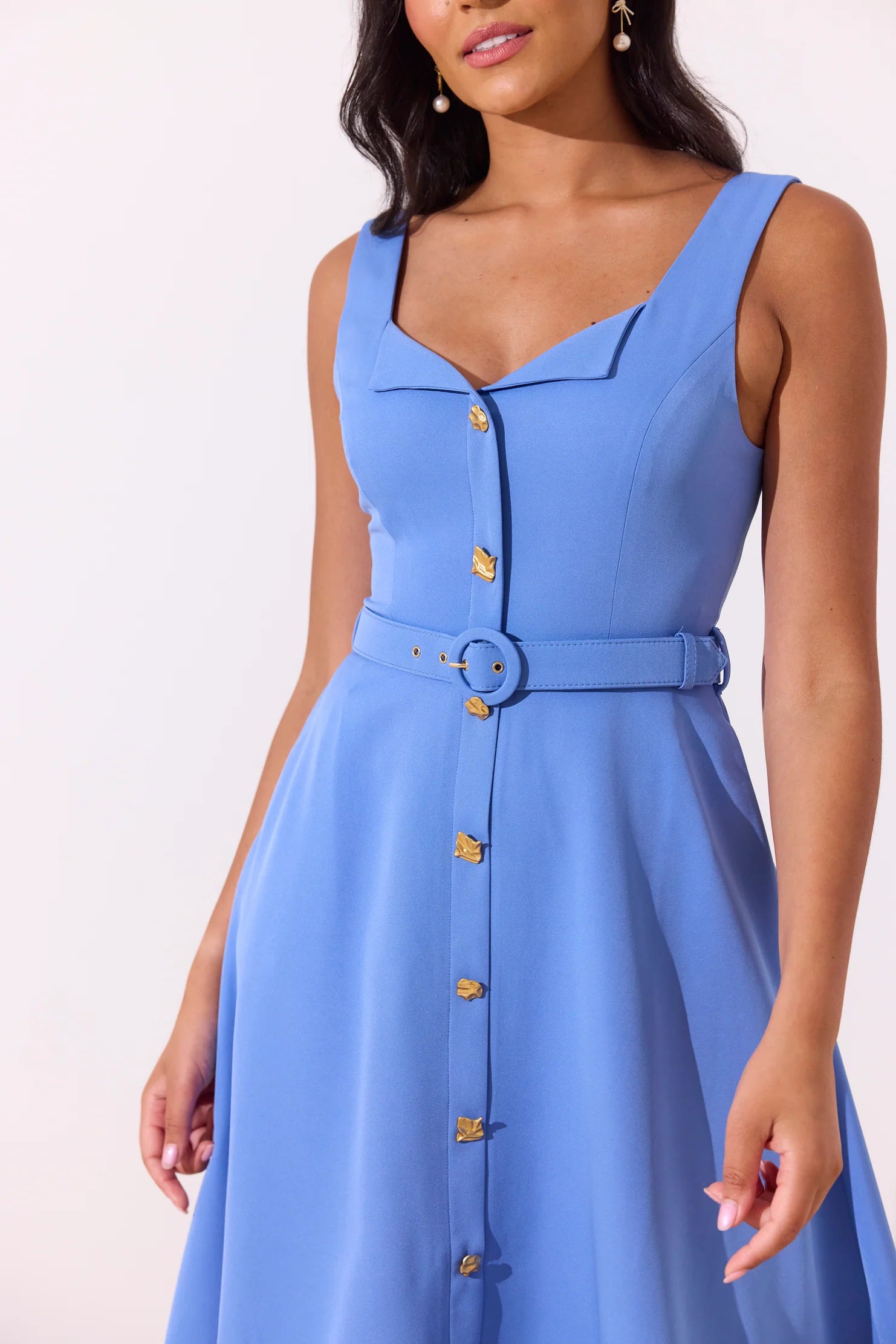 The 8th Sign Saffira Belted Midi Dress in Cornflower Blue