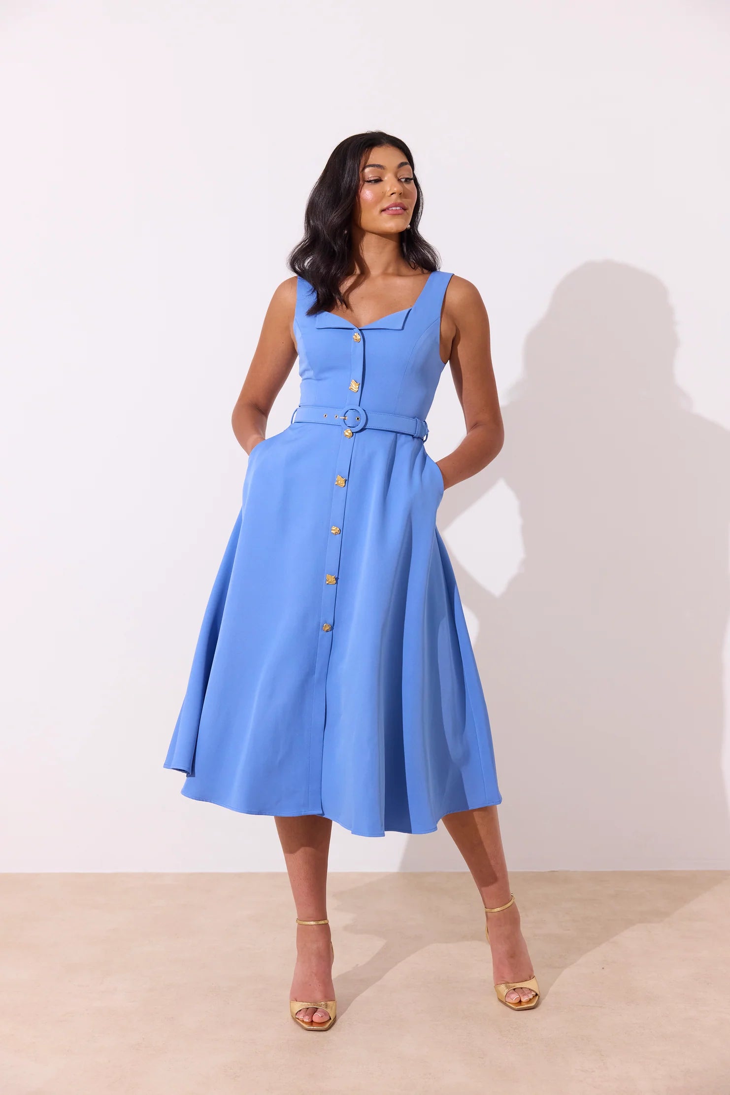 The 8th Sign Saffira Belted Midi Dress in Cornflower Blue