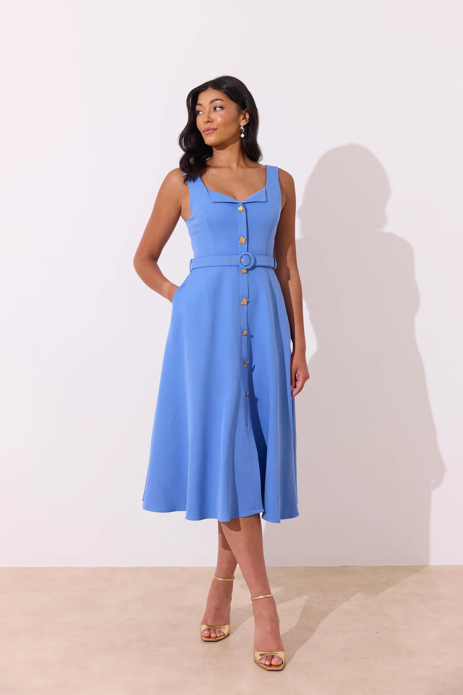 The 8th Sign Saffira Belted Midi Dress in Cornflower Blue