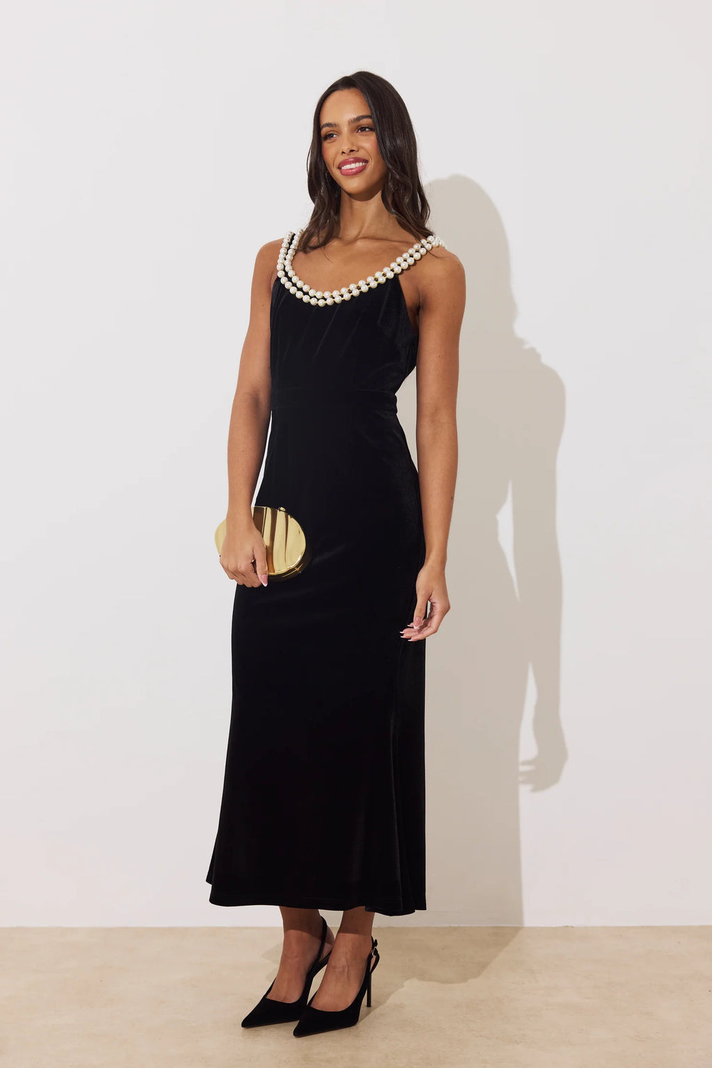 The 8th Sign Victoire Pearl Velvet Midi Dress in Black