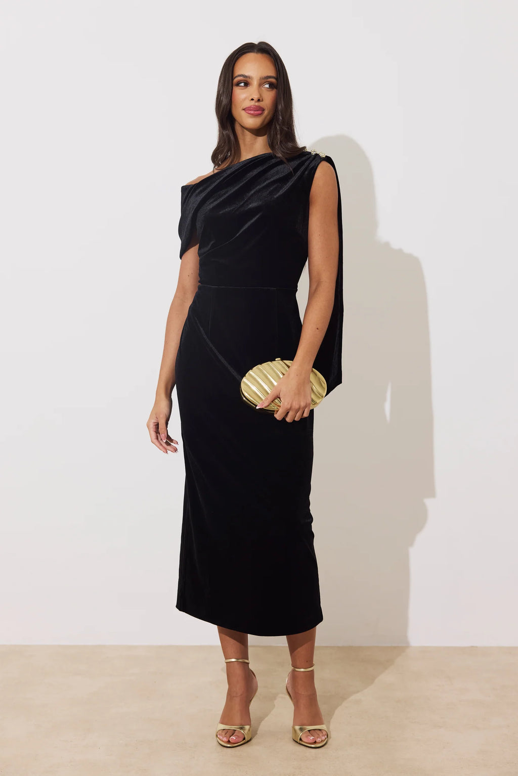 The 8th Sign The Eleni Drape Midi Dress in Black Velvet