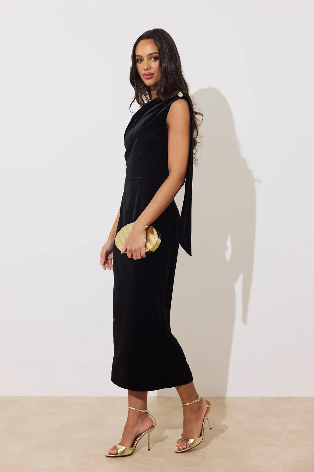 The 8th Sign The Eleni Drape Midi Dress in Black Velvet