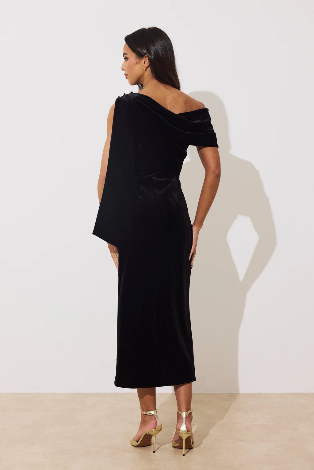 The 8th Sign The Eleni Drape Midi Dress in Black Velvet