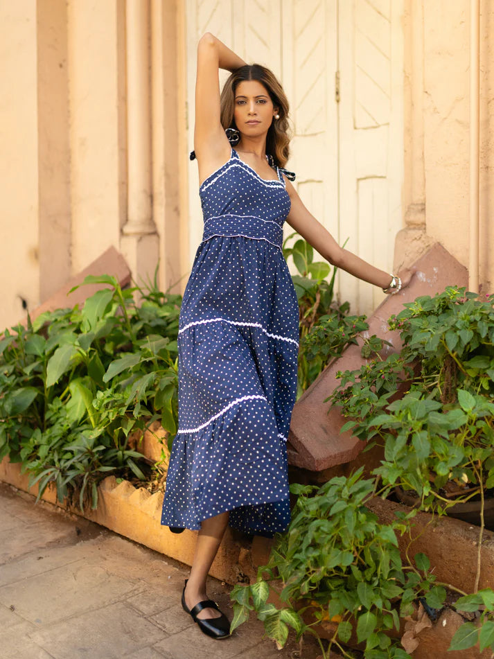 New Day Orignals-AMORE' DRESS IN NAVY DOT