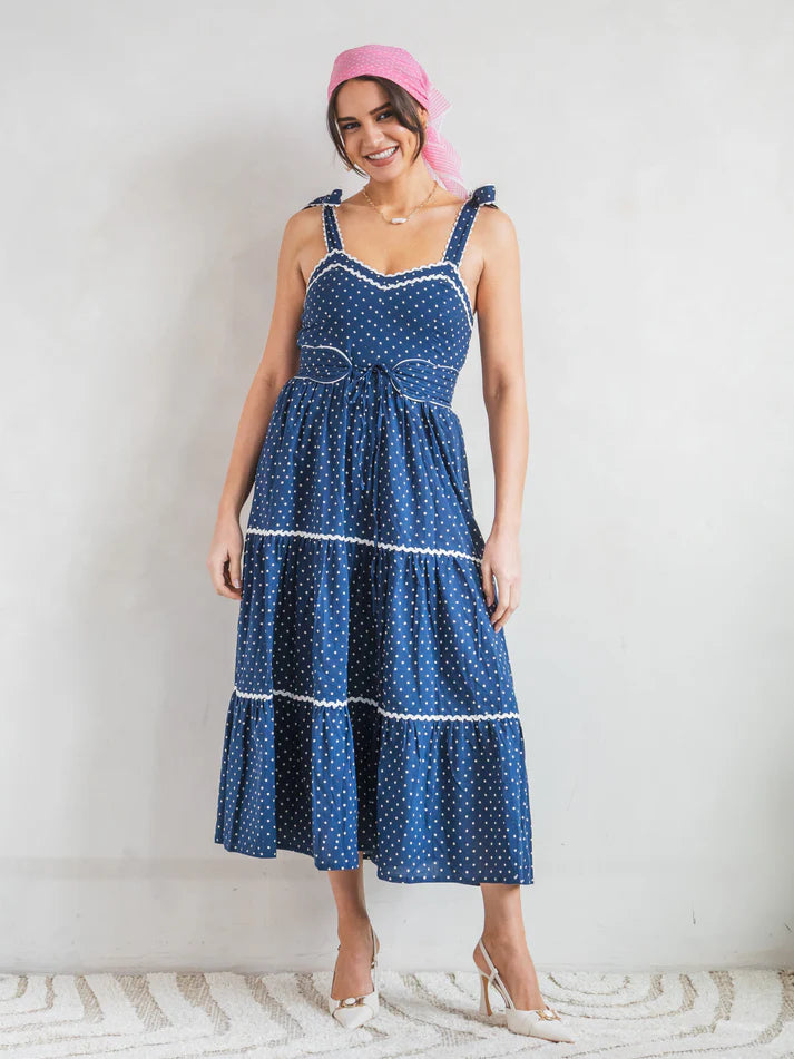 New Day Orignals-AMORE' DRESS IN NAVY DOT