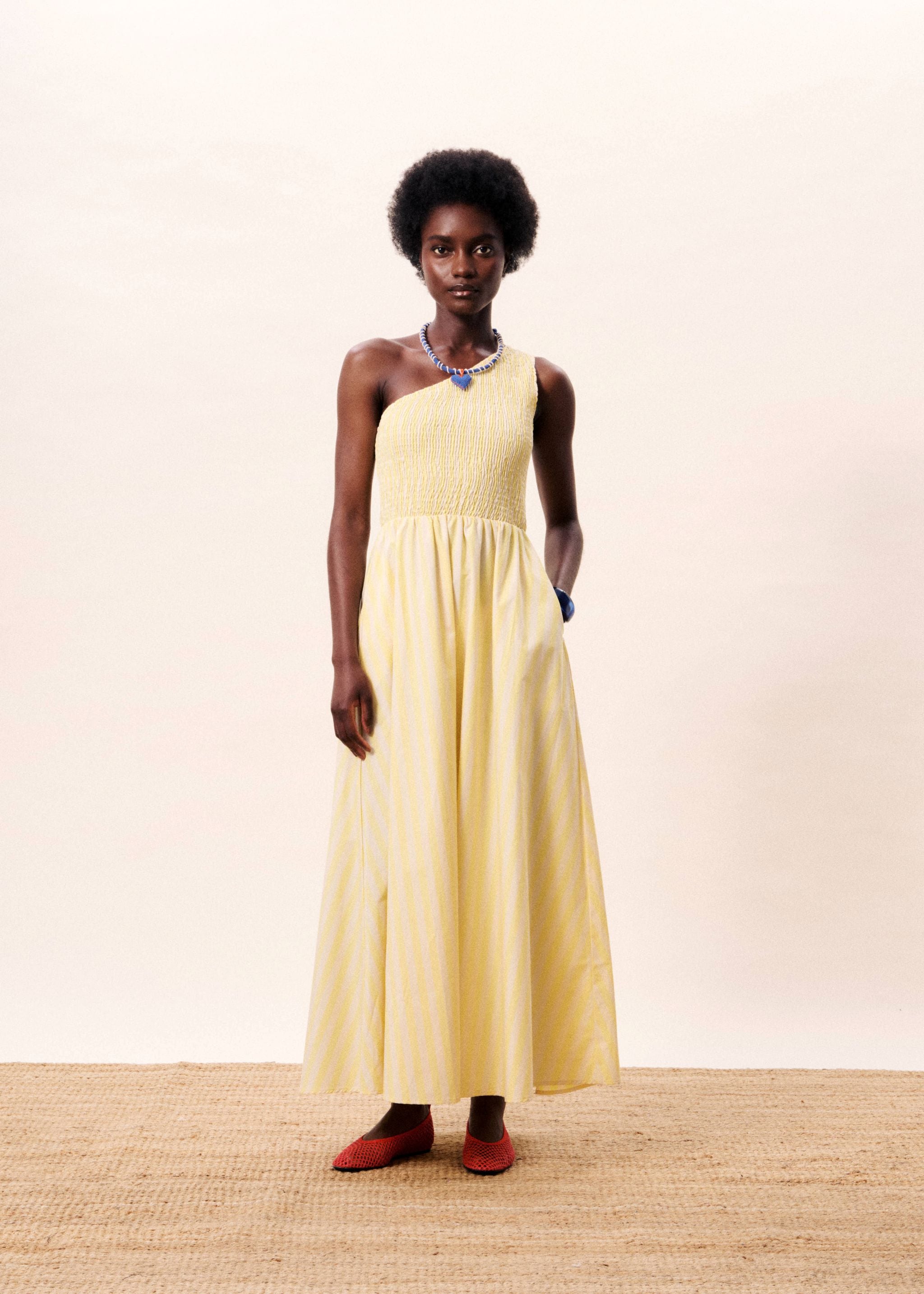 FRNCH Yellow Stripe One Shoulder Dress