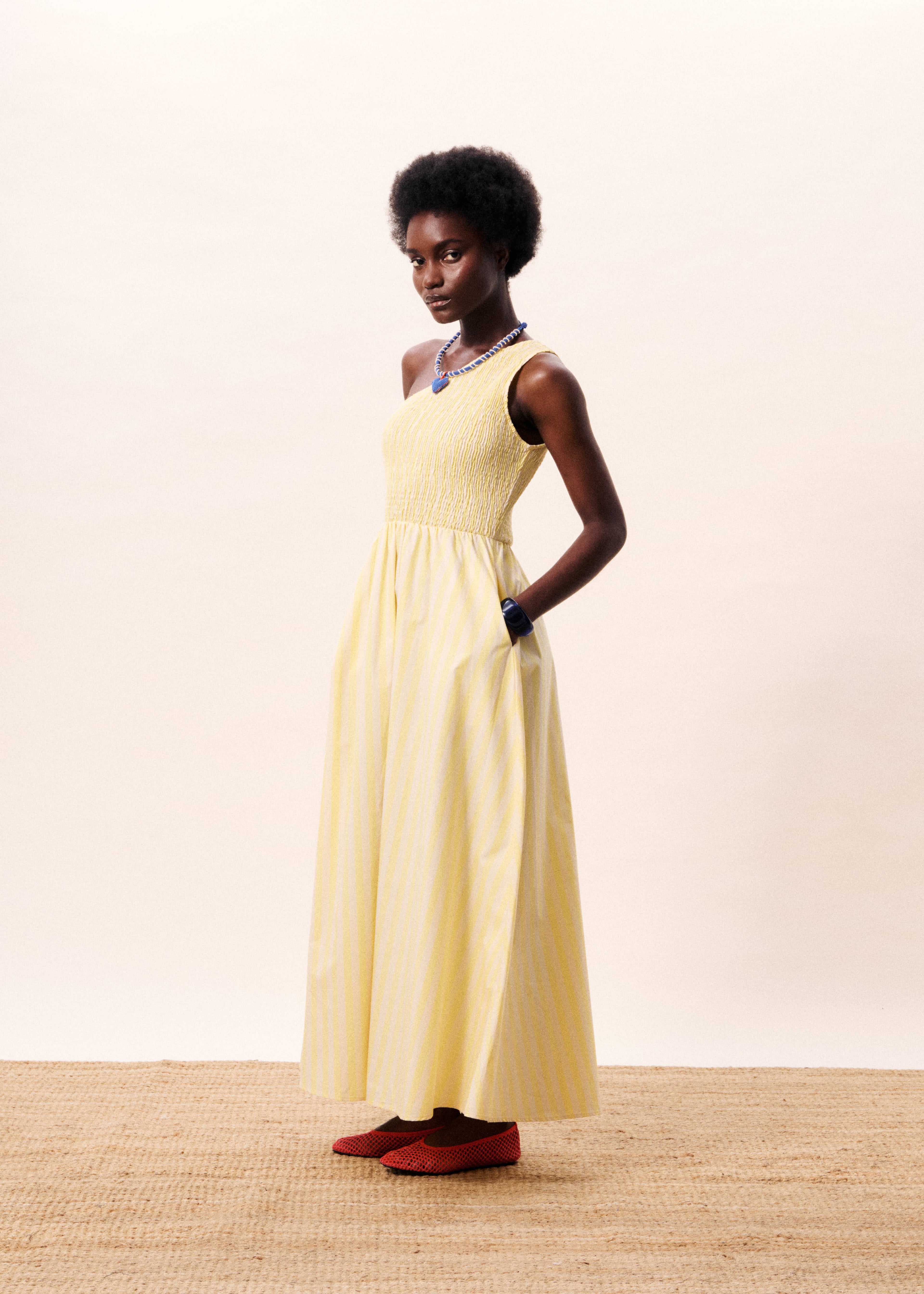 FRNCH Yellow Stripe One Shoulder Dress