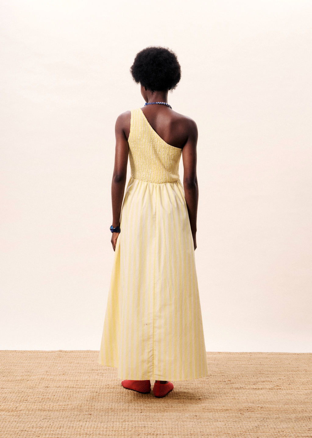 FRNCH Yellow Stripe One Shoulder Dress