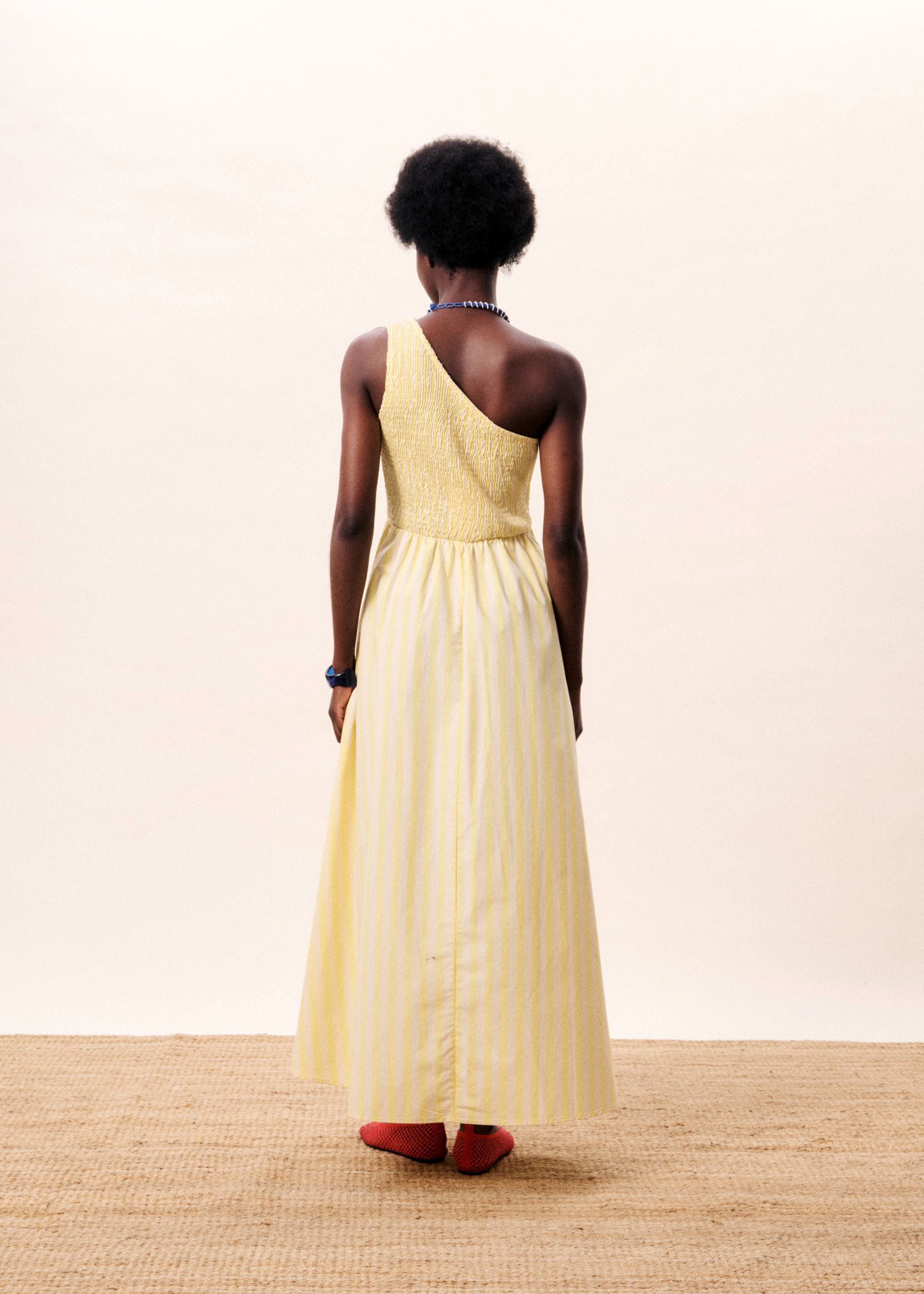 FRNCH Yellow Stripe One Shoulder Dress