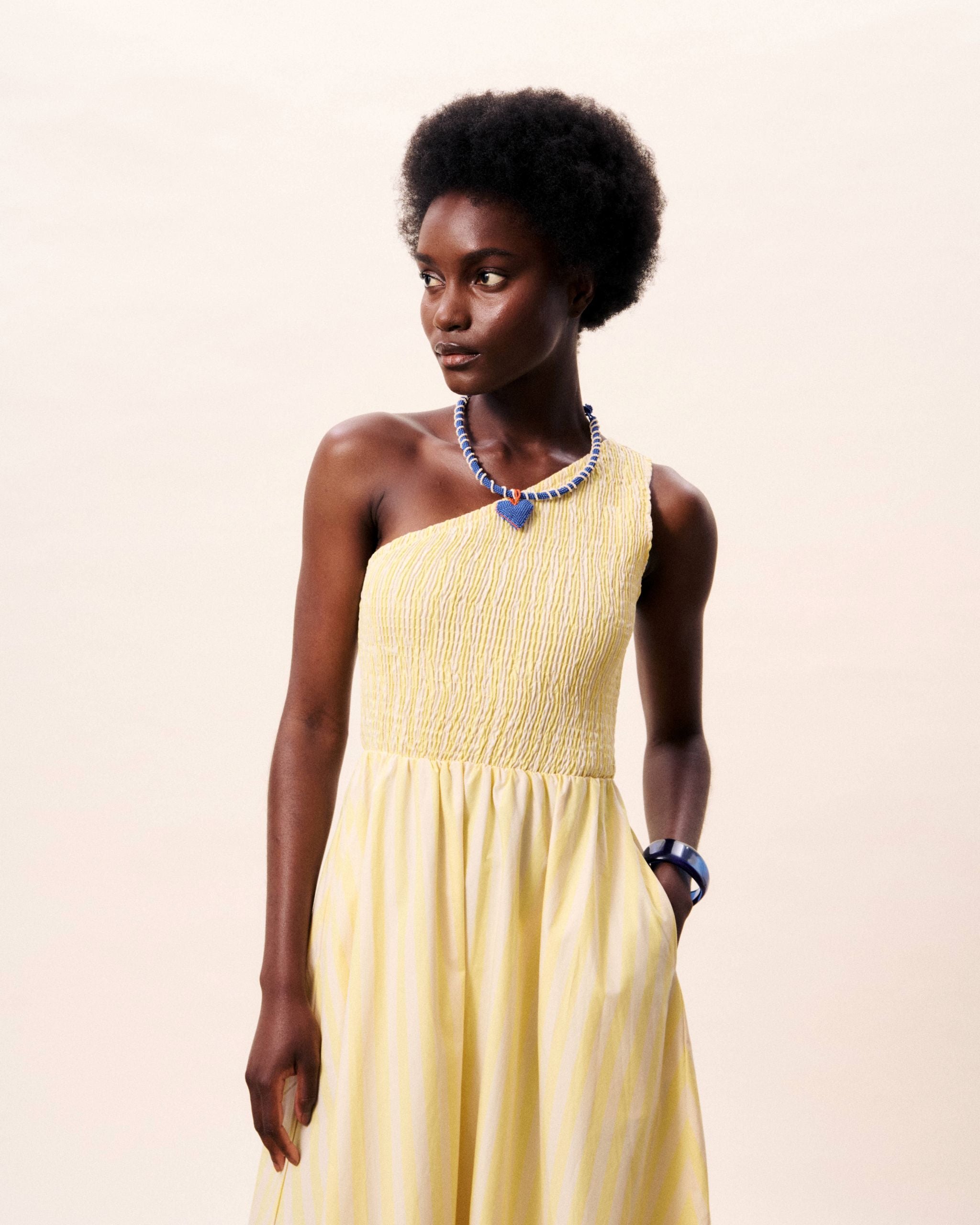 FRNCH Yellow Stripe One Shoulder Dress