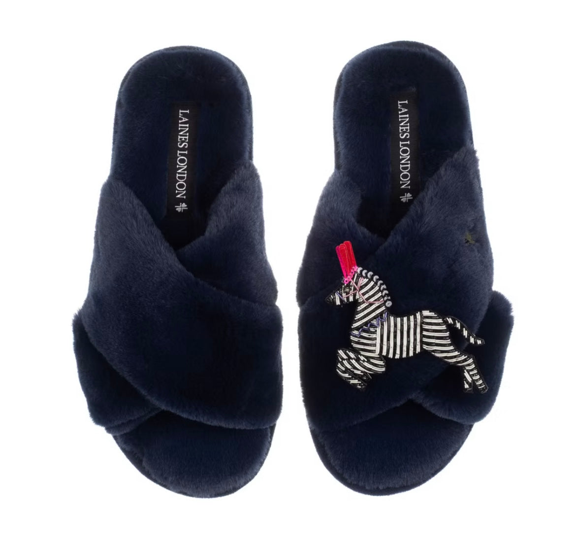 Laines London Classic Slippers with Unicorn Brooches in Black