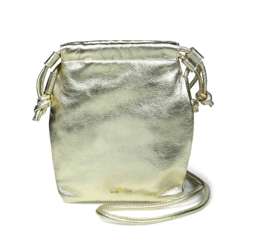 Bell & Fox - WILLOW Drawstring Crossbody Bag in Pale Gold Metallic Leather