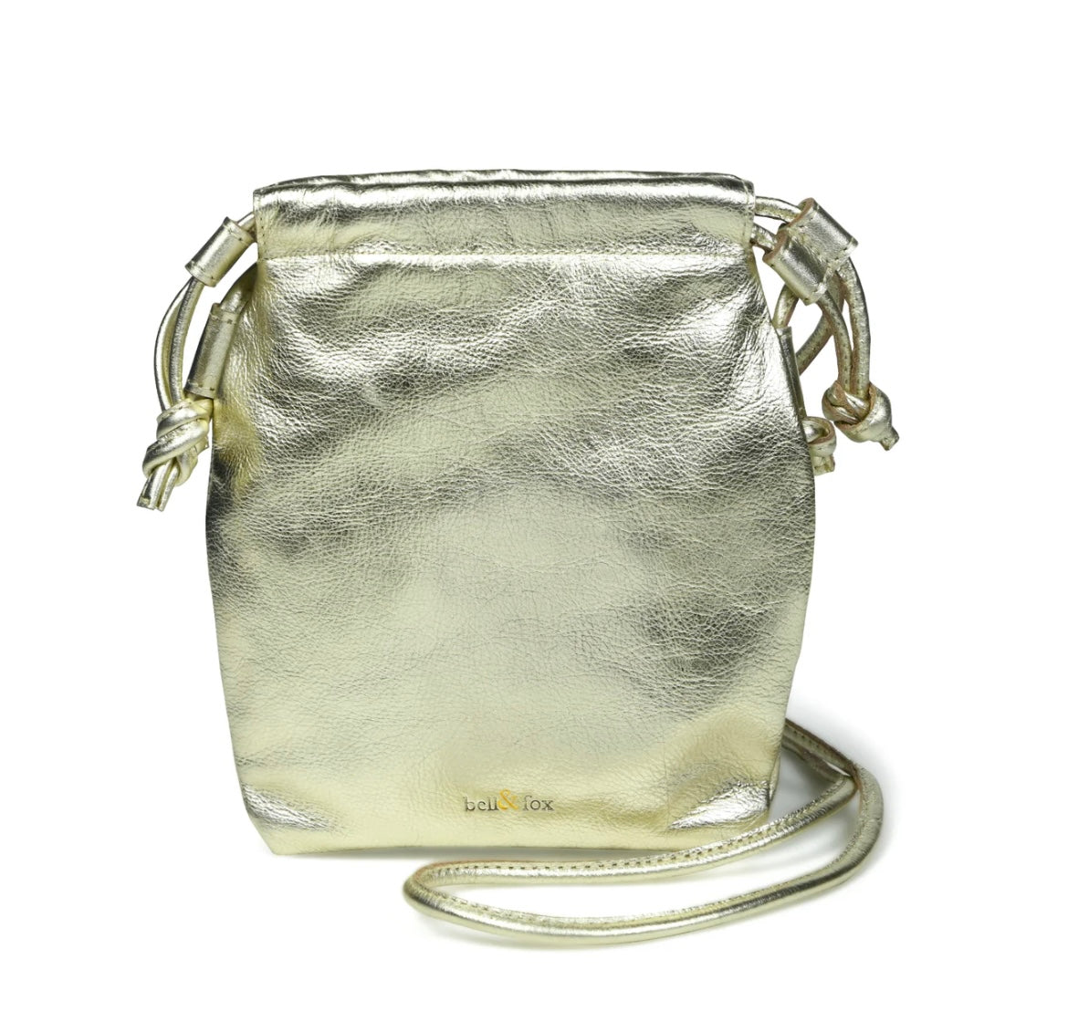 Bell & Fox - WILLOW Drawstring Crossbody Bag in Pale Gold Metallic Leather