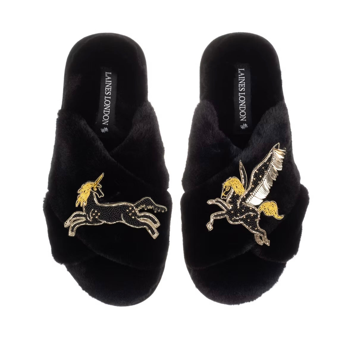 Laines London Classic Slippers with Zebra Brooches in Blue