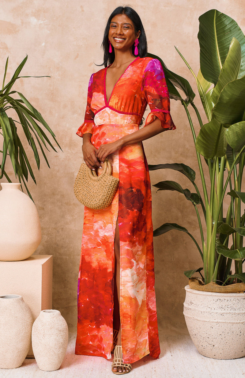 Hope and Ivy The Christina Frill Sleeve Thigh Split Open Back Maxi Dress with Lace Trim, Evalucia Boutique, Perth, Scotland