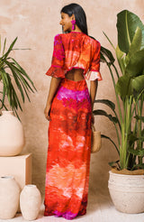 Hope & Ivy- The Christina Frill Sleeve Maxi Dress with Lace Trim