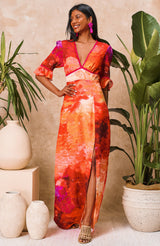 Hope & Ivy- The Christina Frill Sleeve Maxi Dress with Lace Trim