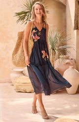 Hope & Ivy- The Inaya Embellished Tie Strap Midi Dress with tiered skirt