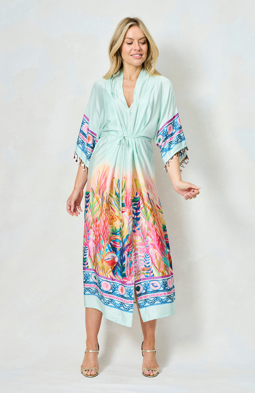 Hope & Ivy-The Nora Kimono Sleeve Tie Waist Midi Dress
