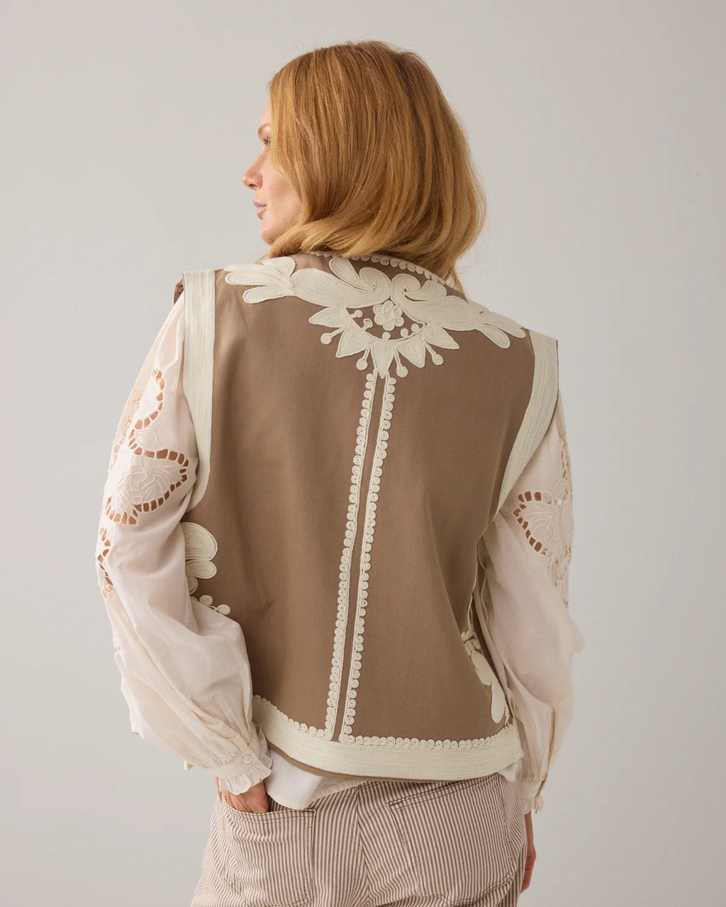 Summum Woman Embroidered Gabardine Gilet in Khaki - 9s264-12418