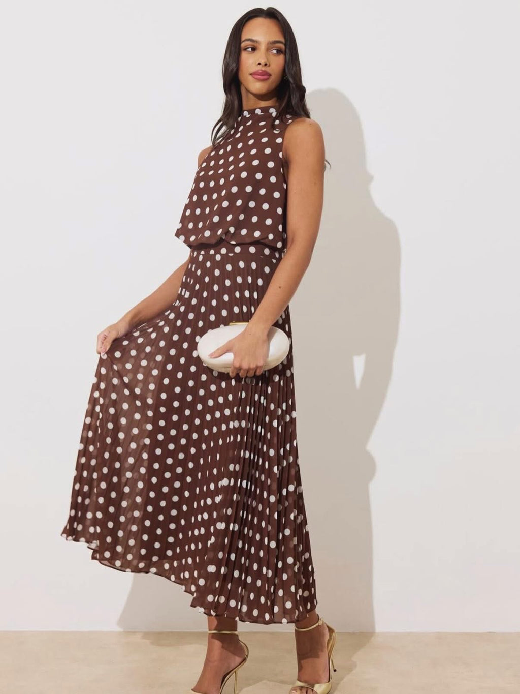 The 8th Sign Milly Drape Pleat Dress in Brown Polka Dot