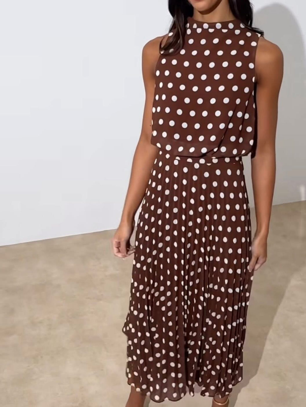 The 8th Sign Milly Drape Pleat Dress in Brown Polka Dot