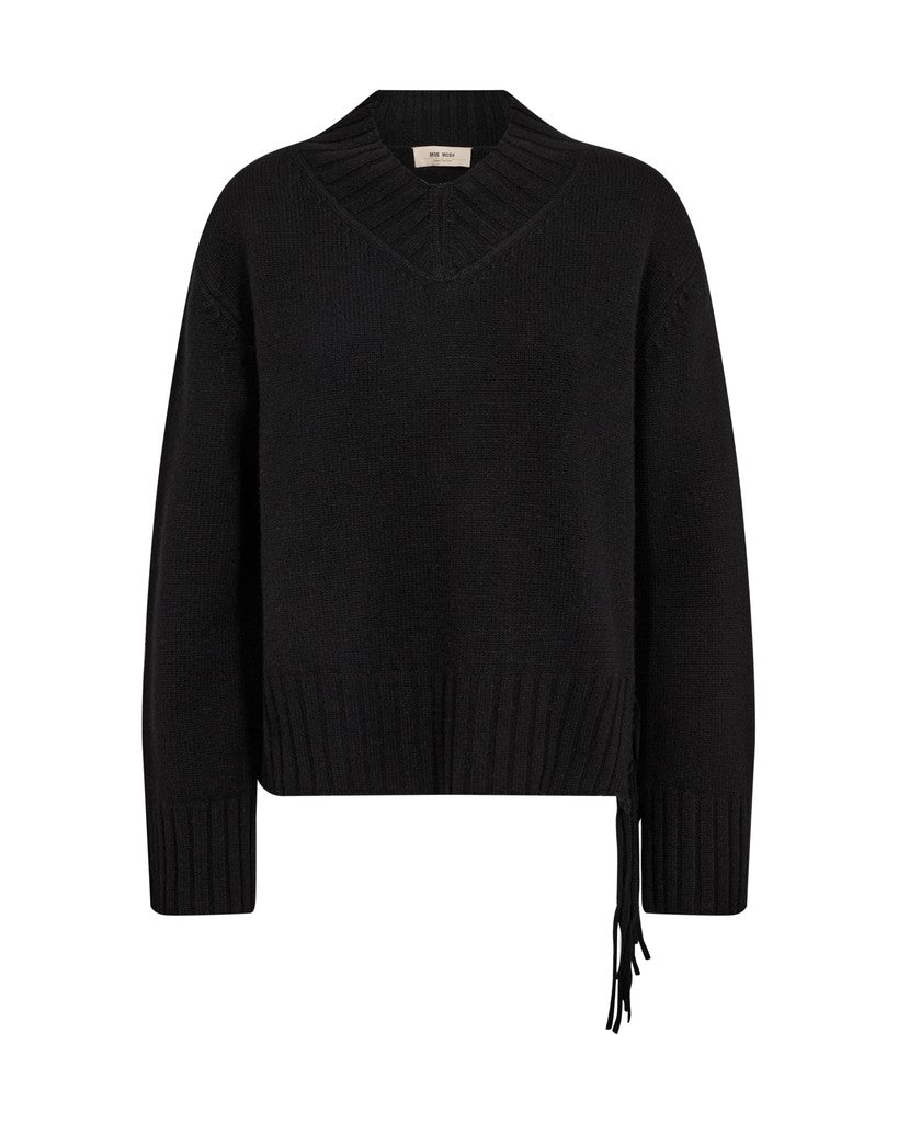 Mos Mosh Eshala Fringe V-Neck Knit in Black