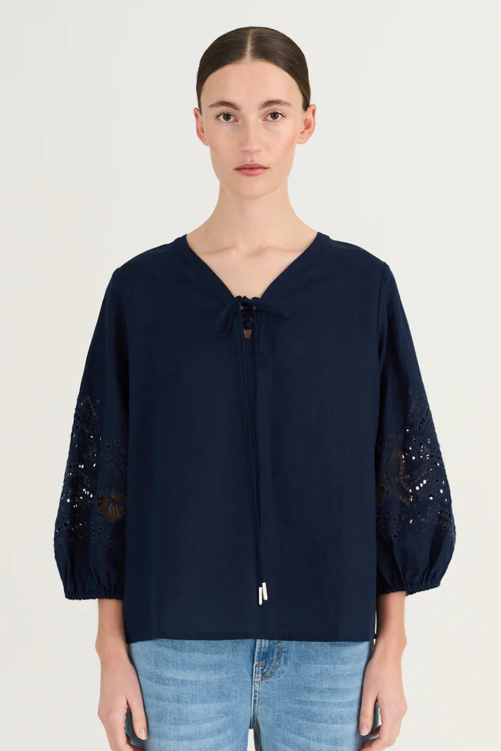 Pieszak Pina Linen Blouse in Midnight Navy - J234987