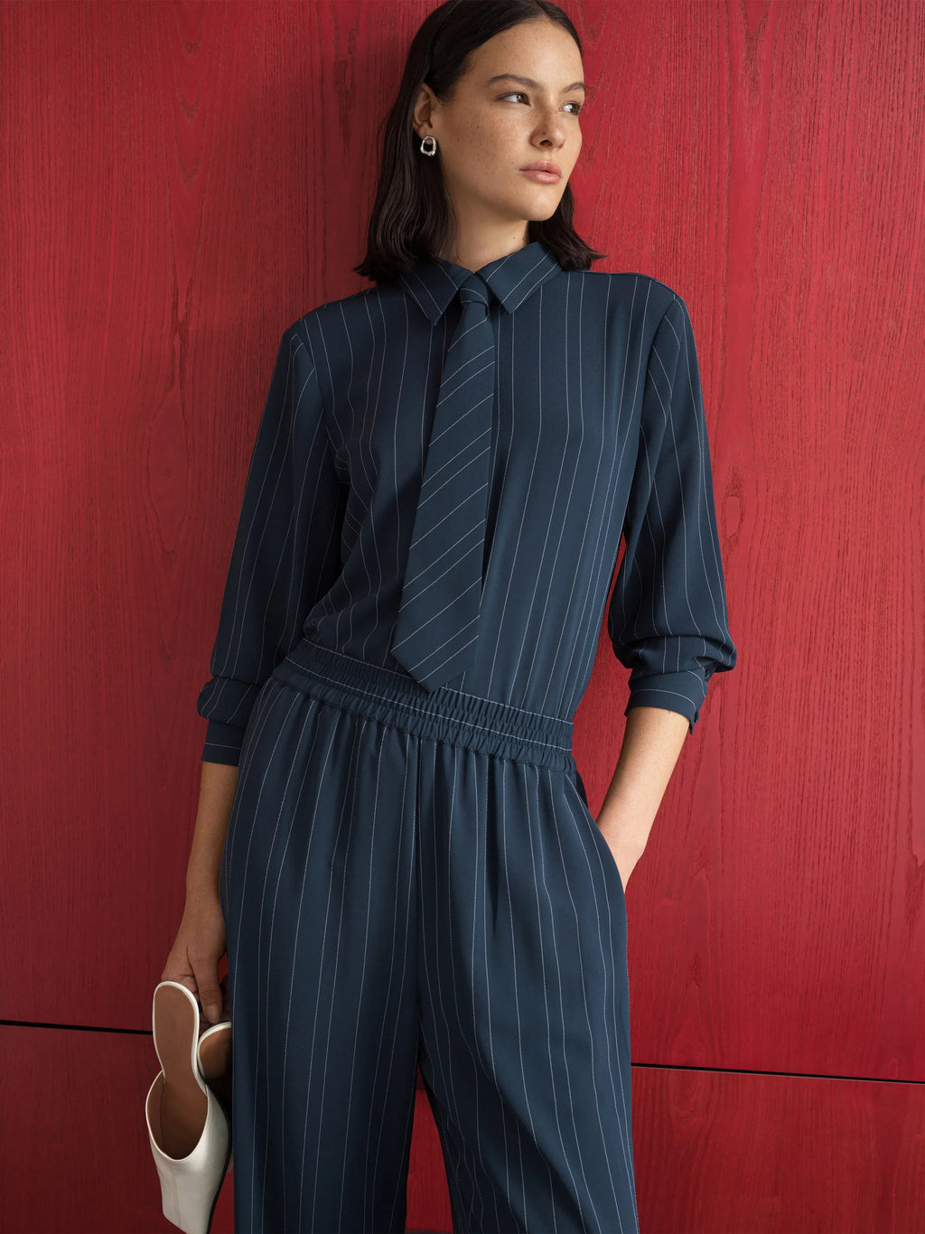 French Connection Erma Pin Stripe Tie Shirt