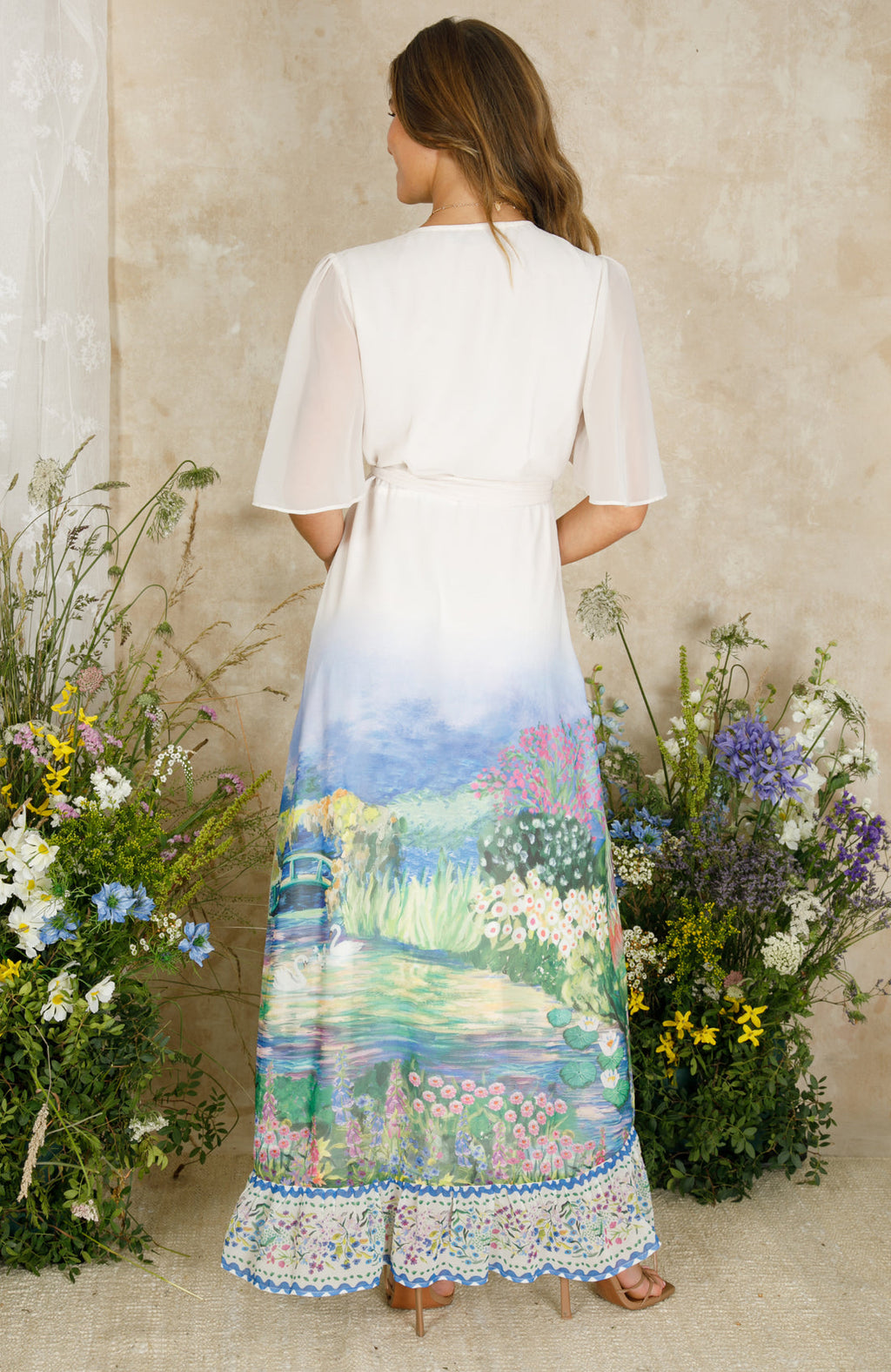 Hope & Ivy-The Elise Flutter Sleeve Maxi Wrap Dress with Tie Waist and Contrast Hem