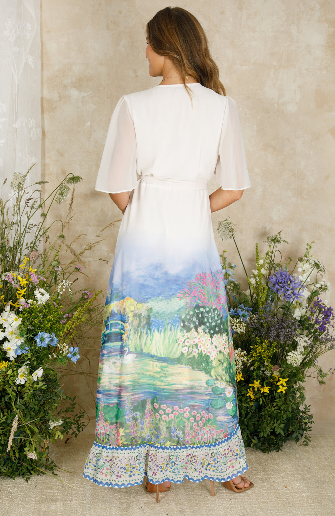 Hope & Ivy-The Elise Flutter Sleeve Maxi Wrap Dress with Tie Waist and Contrast Hem