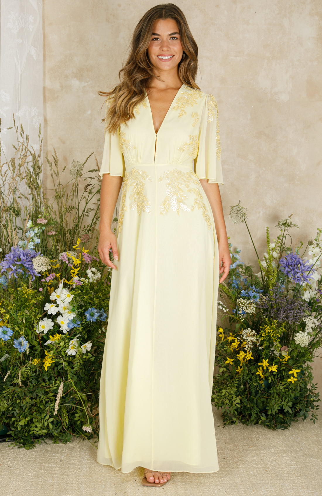 Hope & ivy- The Sally Plunge Front Embellished Maxi Dress With Flutter Sleeve
