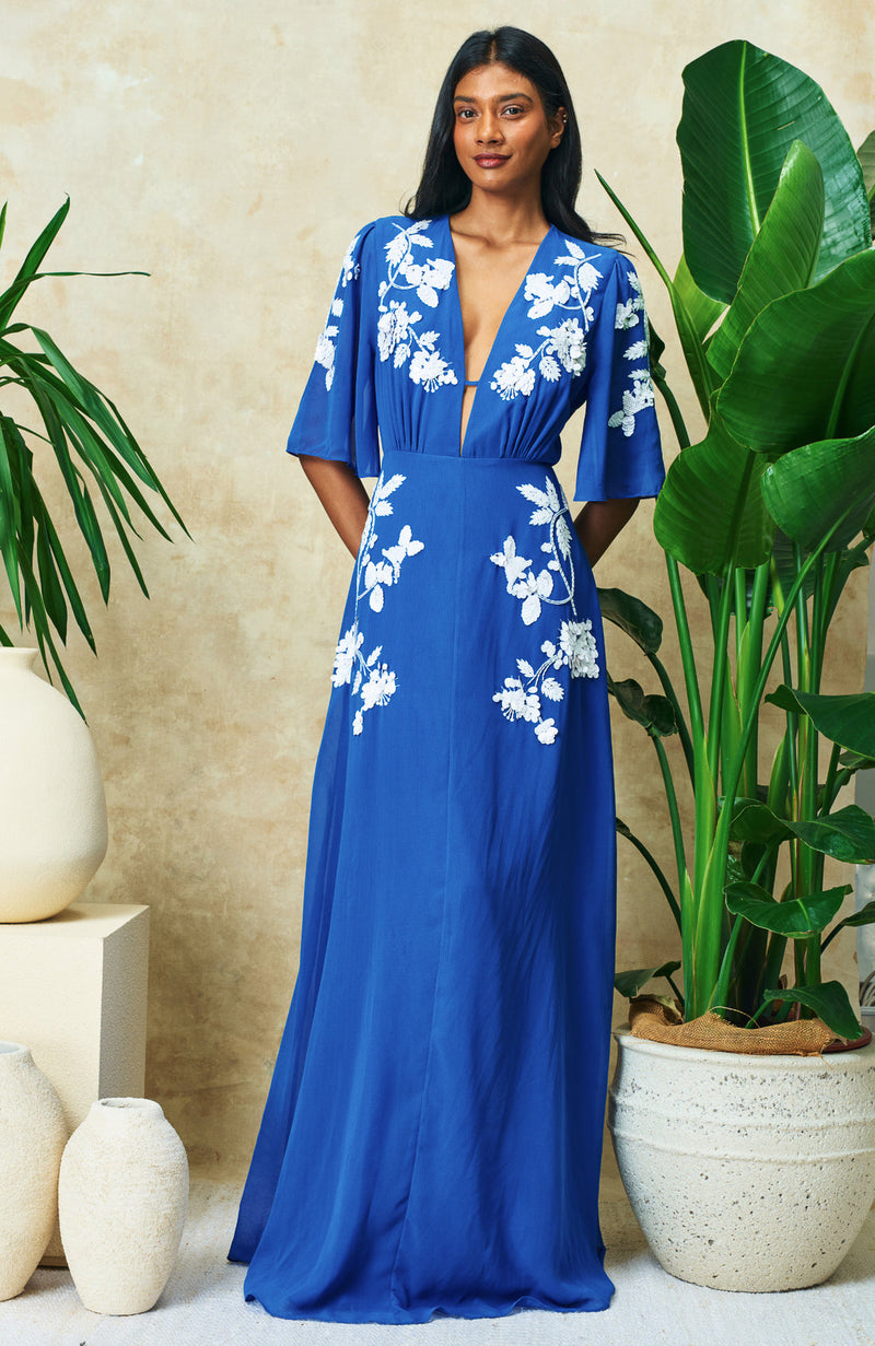 Hope & Ivey The Eloise Plunge Front Embellished Maxi Dress