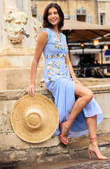 Hope & Ivy-The Maude Embroidered Short Sleeve Front Button Midi Dress