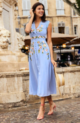 Hope & Ivy-The Maude Embroidered Short Sleeve Front Button Midi Dress