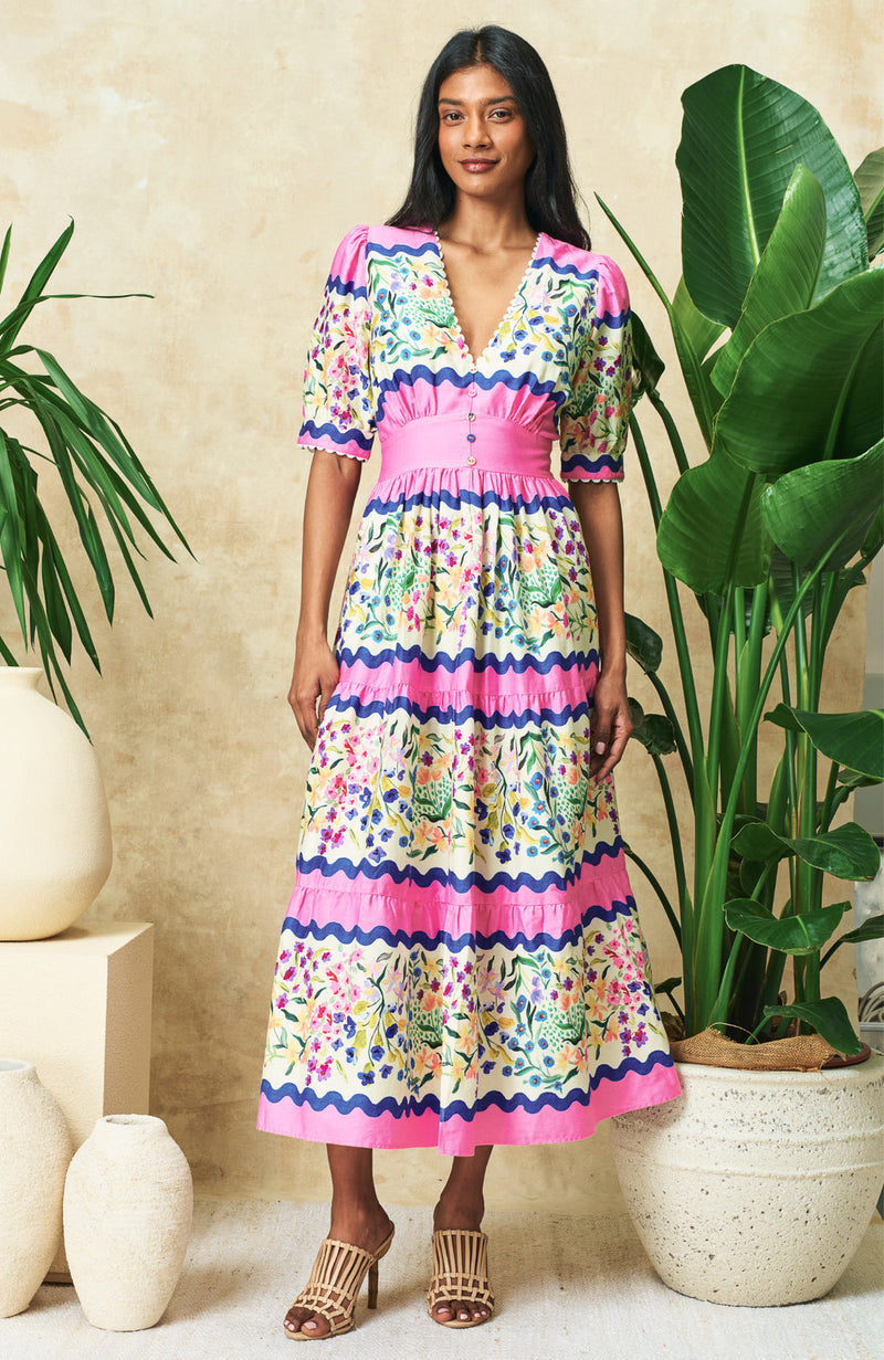 Hope & Ivy-The Meredith V-Neck Full-Skirt Tea Dress with Puff Sleeves