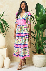 Hope & Ivy-The Meredith V-Neck Full-Skirt Tea Dress with Puff Sleeves