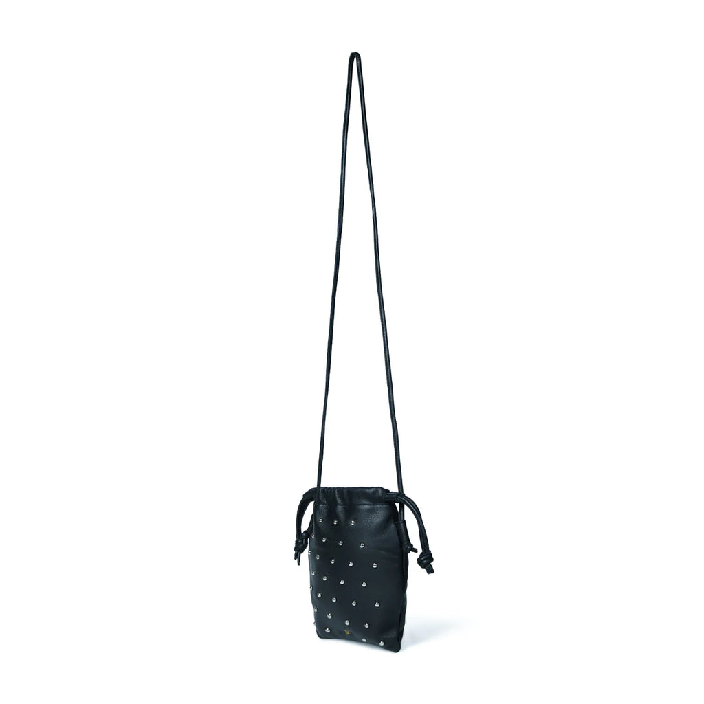 Bell & Fox Willow Drawstring Crossbody Bag in Black Leather with Silver Studs