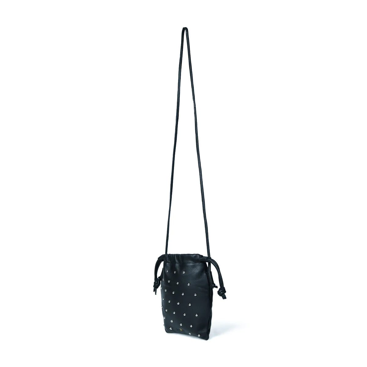 Bell & Fox Willow Drawstring Crossbody Bag in Black Leather with Silver Studs