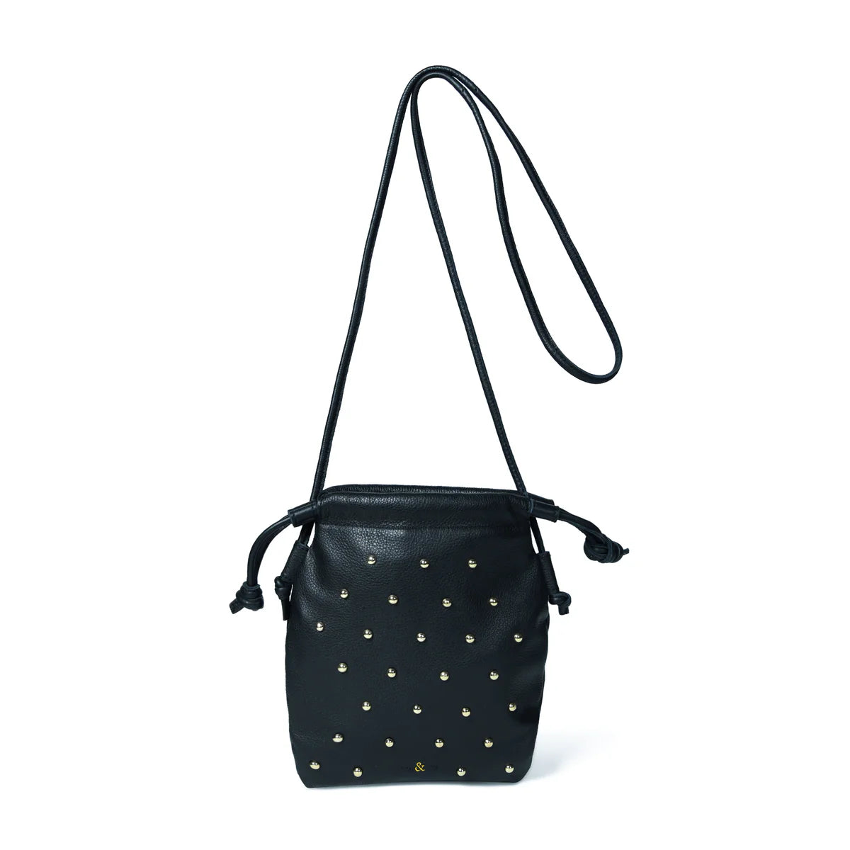 Bell & Fox Willow Drawstring Crossbody Bag in Black Leather with Silver Studs