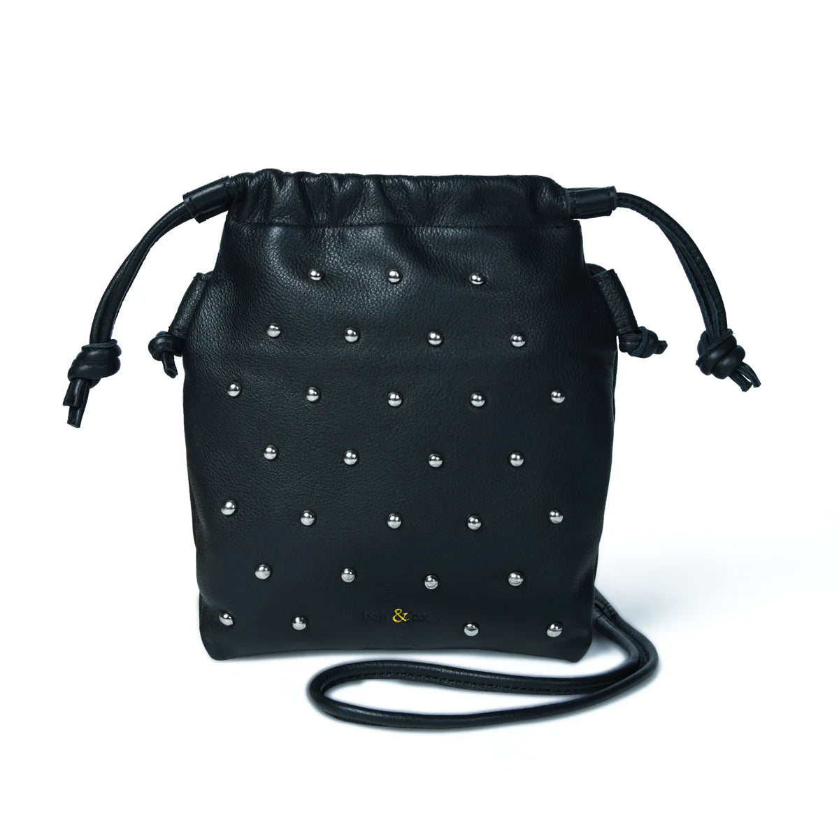 Bell & Fox Willow Drawstring Crossbody Bag in Black Leather with Silver Studs