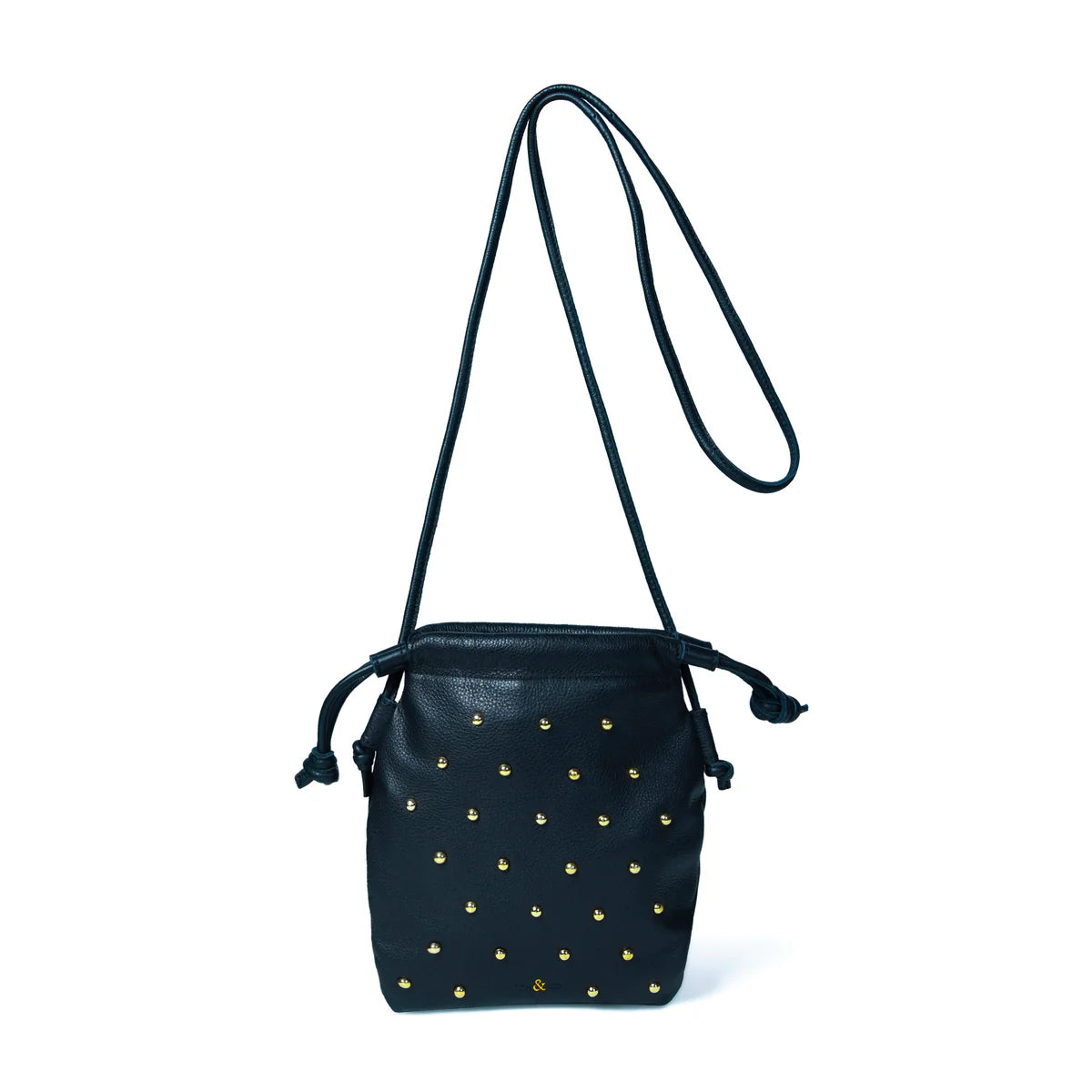 Bell & Fox Willow Drawstring Crossbody Bag in Black Leather with Gold Studs