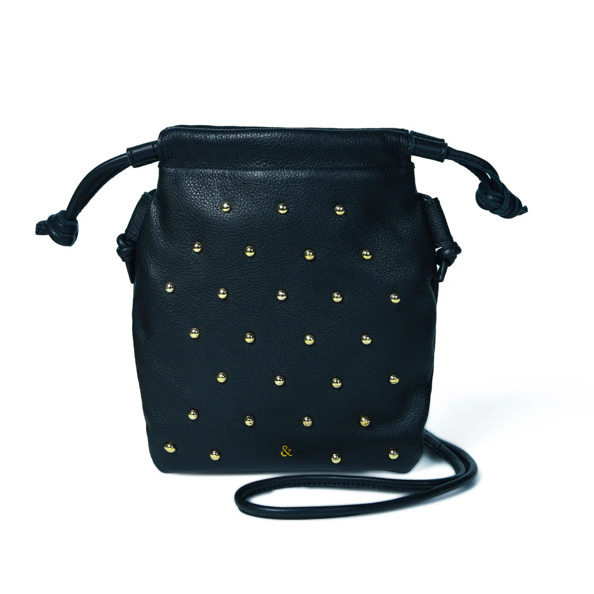 Bell & Fox Willow Drawstring Crossbody Bag in Black Leather with Gold Studs