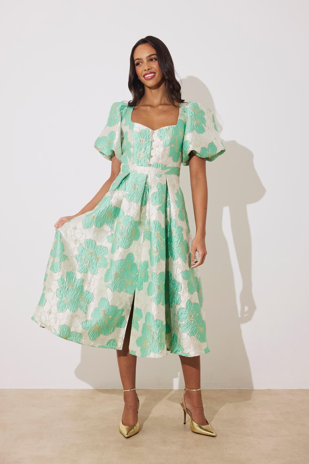 The 8th Sign Audrey Puff Sleeve Midi Dress in Mint Metallic